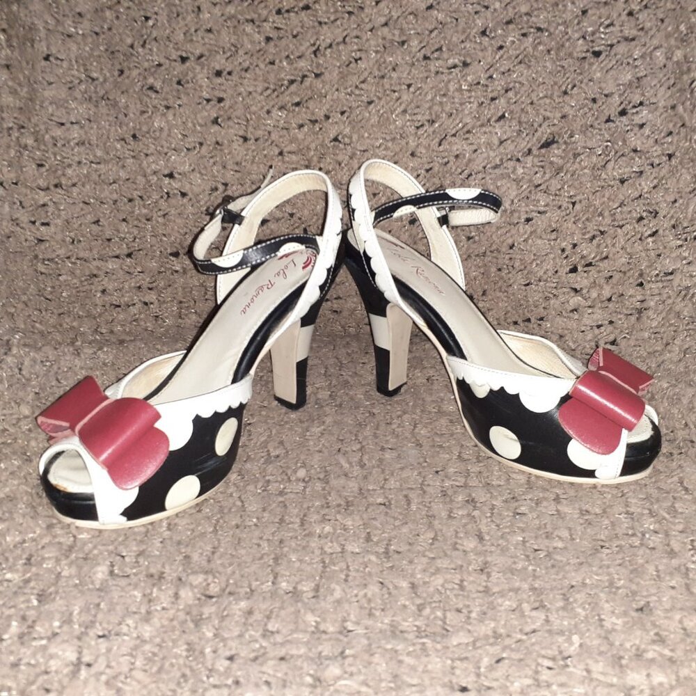 LOLA RAMONA-Angie-Rockabilly/Retro-Black/White Polka Dot-Red Bow-Sz 37-Excellent - Picture 4 of 8